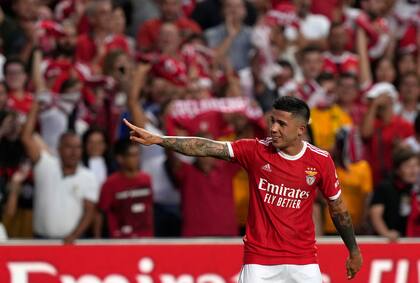 Enzo Fernández festeja su tanto contra Midtjylland, en la Champions League