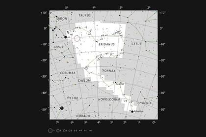 Mapa de la ubicación de AT2019qiz, en la constelación de Eridanus. El mapa incluye la mayoría de las estrellas que pueden verse a simple vista con buenas condiciones, y la ubicación de AT2019qiz está indicada por un círculo rojo