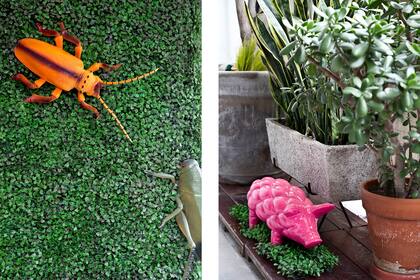 es de enredarera artificial de 25x25 (Cortes) con graciosos habitantes XL terminan de crear la sensación de estar un jardín que no busca crear la ilusión de ser natural sino de dar respiro y divertir.