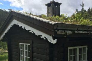 Es una pequeña estructura tradicional, hecha de troncos de madera oscura, con césped que crece desde el techo para aislarla
