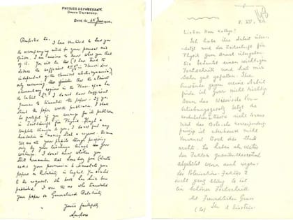 Esa carta que le escribió Bose (izquierda, en inglés) a Einstein, y la respuesta que este mandó (derecha, en alemán).