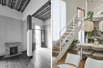 Escalera y barandas diseñadas por el estudio, en hierro con escalones de madera maciza. Cortinas de Tussor Off White. Florero en el centro de mesa, diseñado por la mamá de Yael, ceramista.