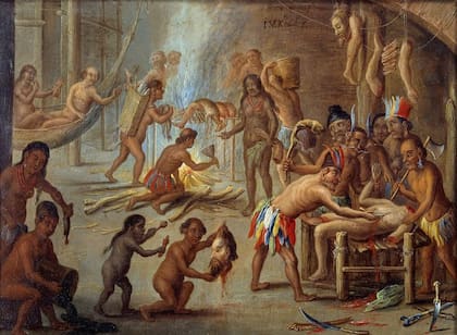 Escena de canibalismo en Brasil en 1644. Indios devorando a sus enemigos y prisioneros. Pintura de Jan van Kessel llamado el Viejo (1626-1679)