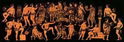 Escena de teatro griego en una ilustración griega antigua que representa a Dioniso y Ariadna, quien se convirtió en su esposa, y muestra una sátira dramática. (Storia della musica vol 1)