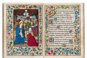 Escena iluminada de la Adoración de los Magos, en el "Libro de horas Gralla"