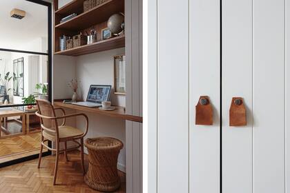 Escritorio con módulos con puertas de MDF ranurado (Apatheia), silla vintage (Litta Muebles).
