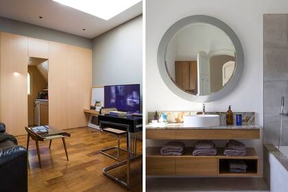 Escritorio (Ohmio Gallery) y mesita vintage (Mutate, Uruguay). El baño tiene un espejo restaurado, mueble enchapado en roble y mesada en el exótico mármol ‘Blue Roma’ (Mármoles Anton).