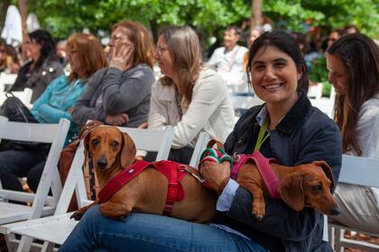 Escuchando una charla con sus dos perros: el evento es pet-friendly.