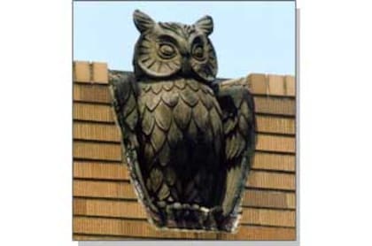 Escultura de un búho en el tejado, símbolo de sabiduría y valentía que vigila el sueño del mandatario desde las alturas