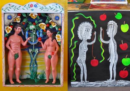 Escultura en madera del artista folklórico peruano Bernardo Paucar (izq) y pintura de la artista folklórica cubana Cenia Gutiérrez (der) representando a Adán y Eva en el Mercado Internacional de Arte Folklórico de Santa Fe, Nuevo México, 2012