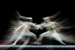 Esgrima: Juegos Olímpicos, preliminares, florete individual, mujeres, cuartos de final en Makuhari Messe Hall B. Zaynab Dayibekova de Uzbekistán y Anna Marton de Hungría en acción.