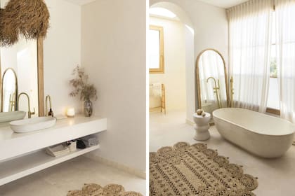 Espejo rectangular ‘Bari’ (Sol Palou Deco), bacha de apoyo y bañadera exenta ‘Kahlo’ (Cóncavo Estudio) de concreto. Griferías doradas (Peirano). Alfombra de yute ‘Mandala’ (Sol Palou Deco)