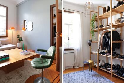 Espejos (Ülmen Design). Lámpara (Dimm Iluminación). Entre el living y el dormitorio hay un cuarto en el que Carola prepara sus coreografías y que también funciona como vestidor.