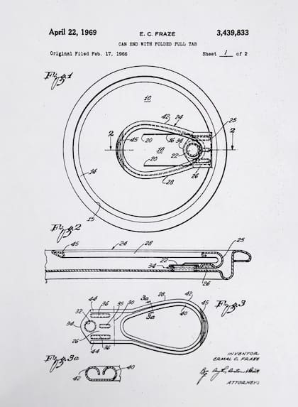 Esquema de una de las patentes de Ermal Cleon Fraze para la tapa de apertura fácil de latas (1969)