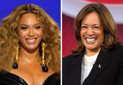 Esta combinación de fotografías muestra a Beyoncé en los premios Grammy en Los Ángeles, el 14 de marzo de 2021 (izquierda), y a la candidata demócrata a la presidencia, la vicepresidenta Kamala Harris, en un evento de la cadena CNN en Aston, Pensilvania, el 23 de octubre de 2024. (AP Foto)