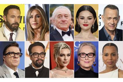 Esta combinación de fotos muestra a celebridades. Arriba, de izquierda a derecha: Ben Affleck, Jennifer Aniston, Robert De Niro, Selena Gomez y Tom Hanks. Abajo, de izquierda a derecha: Nathan Lane, Lin-Manuel Miranda, Florence Pugh, Meryl Streep y Kerry Washington. (Foto: AP)