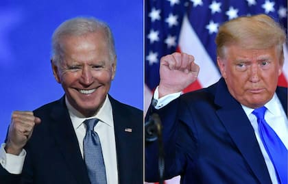 Esta combinación de imágenes de archivo creadas el 4 de noviembre de 2020 muestra al candidato presidencial demócrata Joe Biden (izq.) en Wilmington, Delaware, y al presidente estadounidense Donald Trump (der.) en Washington, DC, ambos durante un discurso de la noche electoral a principios del 4 de noviembre de 2020.