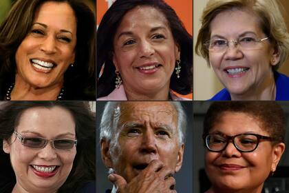 Esta combinación de imágenes muestra a la senadora Kamala Harris, a la exasesora de seguridad nacional Susan Rice,a la senadora estadounidense Elizabeth Warren, a la senadora Tammy Duckworth, al vicepresidente Joe Biden y a la congresista Karen Bass
