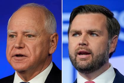Esta combinación de imágenes muestra al candidato demócrata a la vicepresidencia, el gobernador de Minnesota Tim Walz, a la izquierda, y al candidato republicano a la vicepresidencia, el senador republicano de Ohio JD Vance, a la derecha.