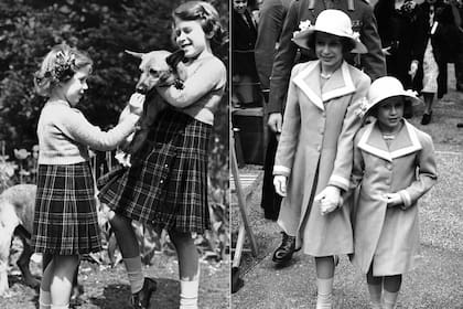Esta díptico muestra, de izquierda a derecha, a la princesa Margarita alimentando con una galleta a un Corgi de Pembrokeshire que tenía la princesa Isabel el 5 de julio de 1936 y a la princesa Isabel y la princesa Margarita el 7 de junio de 1938. Las princesas a menudo se vestían igual cuando eran niñas y adolescentes