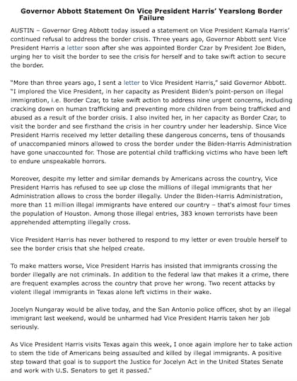 Esta es la carta que le escribió el gobernador de Texas, Greg Abbott, a Kamala Harris