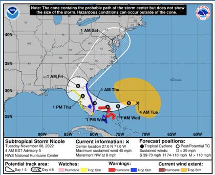Esta es la trayectoria prevista por el Centro Nacional de Huracanes para la tormenta Nicole