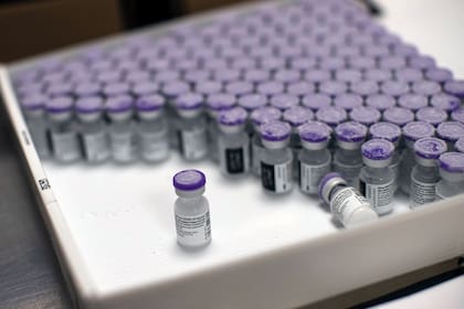 Esta fotografía muestra vacunas de Pfizer/BioNTech contra el COVID-19 el 4 de enero de 2021 en el Hospital MontLegia CHC, en Lieja, Bélgica. 