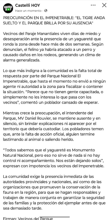 Esta fue la primer denuncia falsa en redes sociales sobre los peligros que suponen los yaguareté