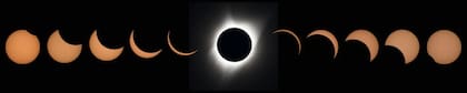 Esta imagen compuesta de once fotografías muestra la progresión de un eclipse solar total sobre Madrás, Oregón, el 21 de agosto de 2017