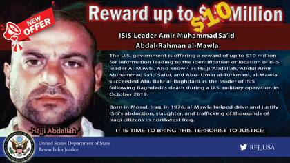 Esta imagen de archivo publicada por el Departamento de Estado de EE. UU. el 17 de julio de 2020 muestra la versión en inglés de un anuncio de Recompensa para obtener información sobre la ubicación del líder del Estado Islámico