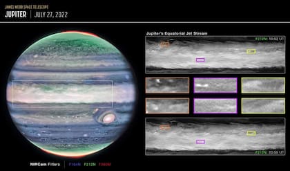 Esta imagen de Júpiter tomada por la NIRCam (cámara de infrarrojo cercano) del telescopio espacial James Webb de la NASA muestra impresionantes detalles del majestuoso planeta en luz infrarroja. En esta imagen, el brillo indica gran altitud.