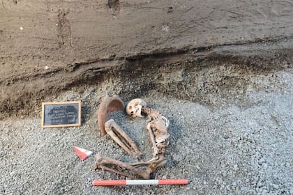Esta imagen, difundida por el Ministerio de Cultura italiano el lunes 27 de abril de 2026, muestra a una víctima de la erupción del Vesubio del año 79 d. C., en el yacimiento arqueológico de Pompeya, cerca de Nápoles, en el sur de Italia