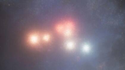Esta impresión artística corrige la distorsión en la imagen del JWST y muestra la galaxia como realmente es, como luces navideñas colgando en el cosmos (NASA)