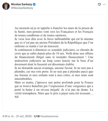 "Esta mañana encierran a un inocente", escribió el expresidente en la red social X