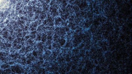Esta pequeña parte del mapa muestra la estructura a gran escala del universo, creada por la gravedad. Cada punto representa una galaxia. Las zonas más densas indican regiones donde las galaxias y los cúmulos de galaxias se han agrupado para formar los filamentos de la red cósmica.