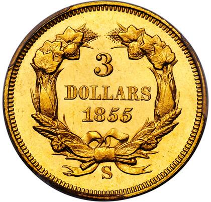 Esta pieza exhibe cada detalle del diseño exactamente como aparecía en los troqueles, con un evidente contraste de camafeos entre los brillantes dispositivos y los campos completamente espejados