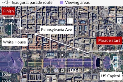 Esta será la ruta que Donald Trump hará en el desfile del Día de la Inauguración (Google/BBC)