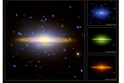 Esta vista de los Grandes Observatorios de la famosa galaxia Sombrero se realizó utilizando Chandra, Hubble y Spitzer