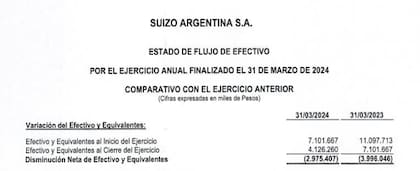 Estado de flujo de efectivo reportado por Suizo Argentina S.A.