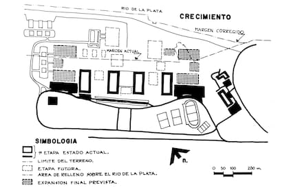 Estado de la obra, circa 1970. Se observa el margen actual y proyectado del río