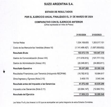 Estado de resultados en los documentos de Suizo Argentina S.A.