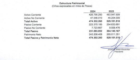 Estado patrimonial reportado por Suizo Argentina S.A.