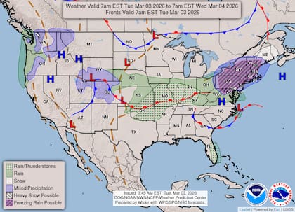 Estados Unidos enfrenta hoy una jornada de extremos meteorológicos donde el avance de un frente cálido desde el sur chocará con masas de aire frío remanentes en el norte