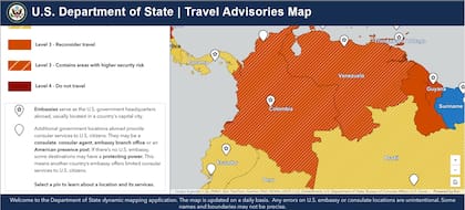 Estados Unidos prohíbe o desaconseja terminantemente el viaje a Arauca, Cauca (excluyendo Popayán), Valle del Cauca (excluyendo Cali) y Norte de Santander