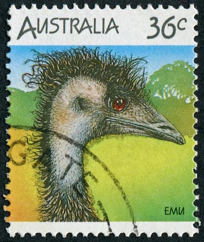 Estampilla australiana de 1986 con un emú, celebrando su lugar en la historia de la nación.