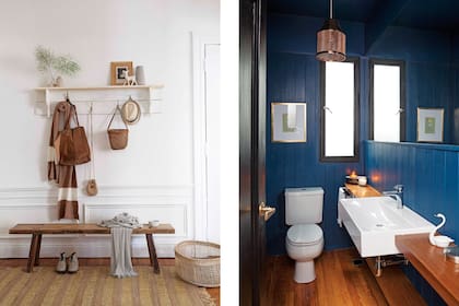 En el recibidor, el estante y el banco de maderas antiguas forman una composición cálida y elegante. El toilette se revistió íntegramente con machimbre pintado de azul oscuro.