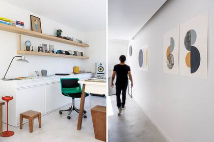 Estantes y lámpara gris (Facundo Bernasconi). Escritorio y mesa de trabajo en madera laqueada (César Lago). En pasillo, obras de arte de Monocopia (Yunta).