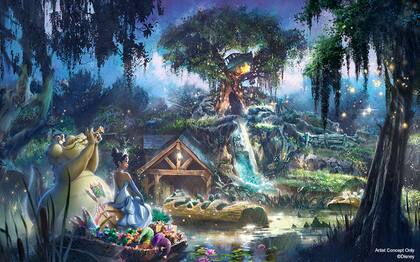 Estará inspirada en la película "La princesa y la rana". Los visitantes se unirán a la princesa Tiana y Louis en una aventura musical mientras se preparan para su primera actuación en Mardi Gras. Fuente: Disney.