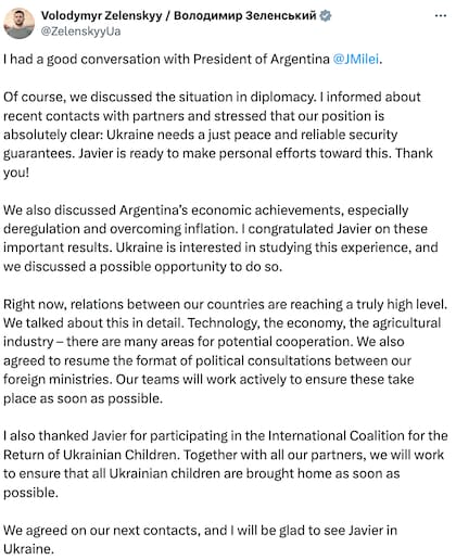“Estaré encantado de ver a Javier en Ucrania”, fue la invitación del mandatario ucraniano (en la red social X)