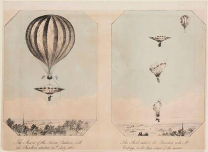 Estas dos litografías en color muestran el ascenso del globo y el fatal descenso en paracaídas de Robert Cocking (1776–1837).